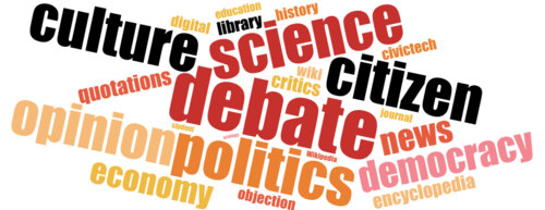 Tag cloud: debate, encyclopedia, wiki, controversy, objection, opinion