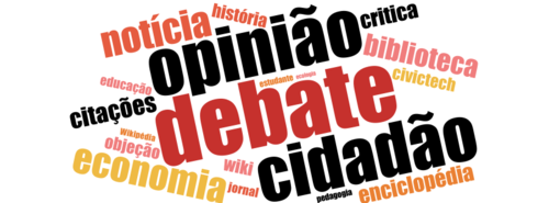 Nuvem de palavras: debate, enciclopédia, wiki, controvérsia, objeção, opinião, política, democracia