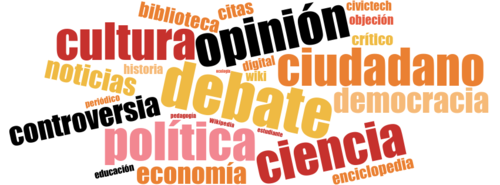 Nube de palabras: debate, enciclopedia, wiki, controversia, objeción, opinión, política, democracia